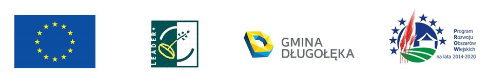 Zestawienie logotypów: od lewej Unia Europejska; Leader, Gmina Długołęka; Program Rozwoju Obszarów Wiejskich na lata 2014-2020