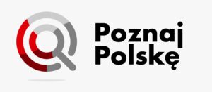 Logo Programu Poznaj Polskę - Lupa czerwono-szara w czerowno-szarym kole.