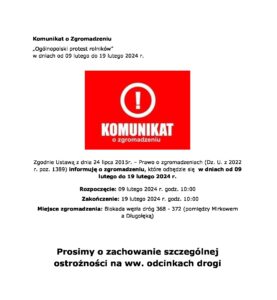 Komunikat o zgromadzeniu – Ogólnopolski protest rolników