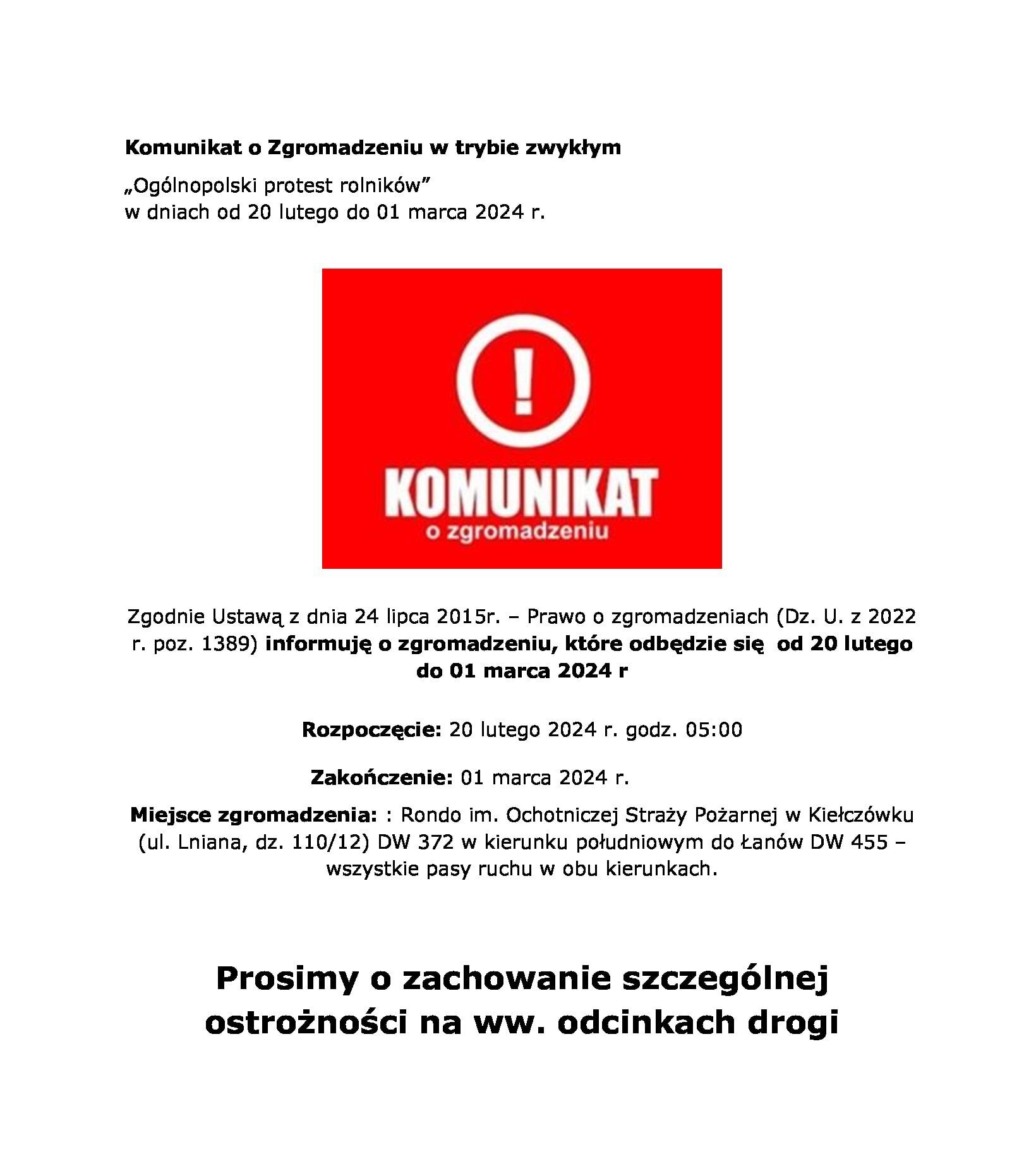 Komunikat o zgromadzeniu – Ogólnopolski strajk rolników