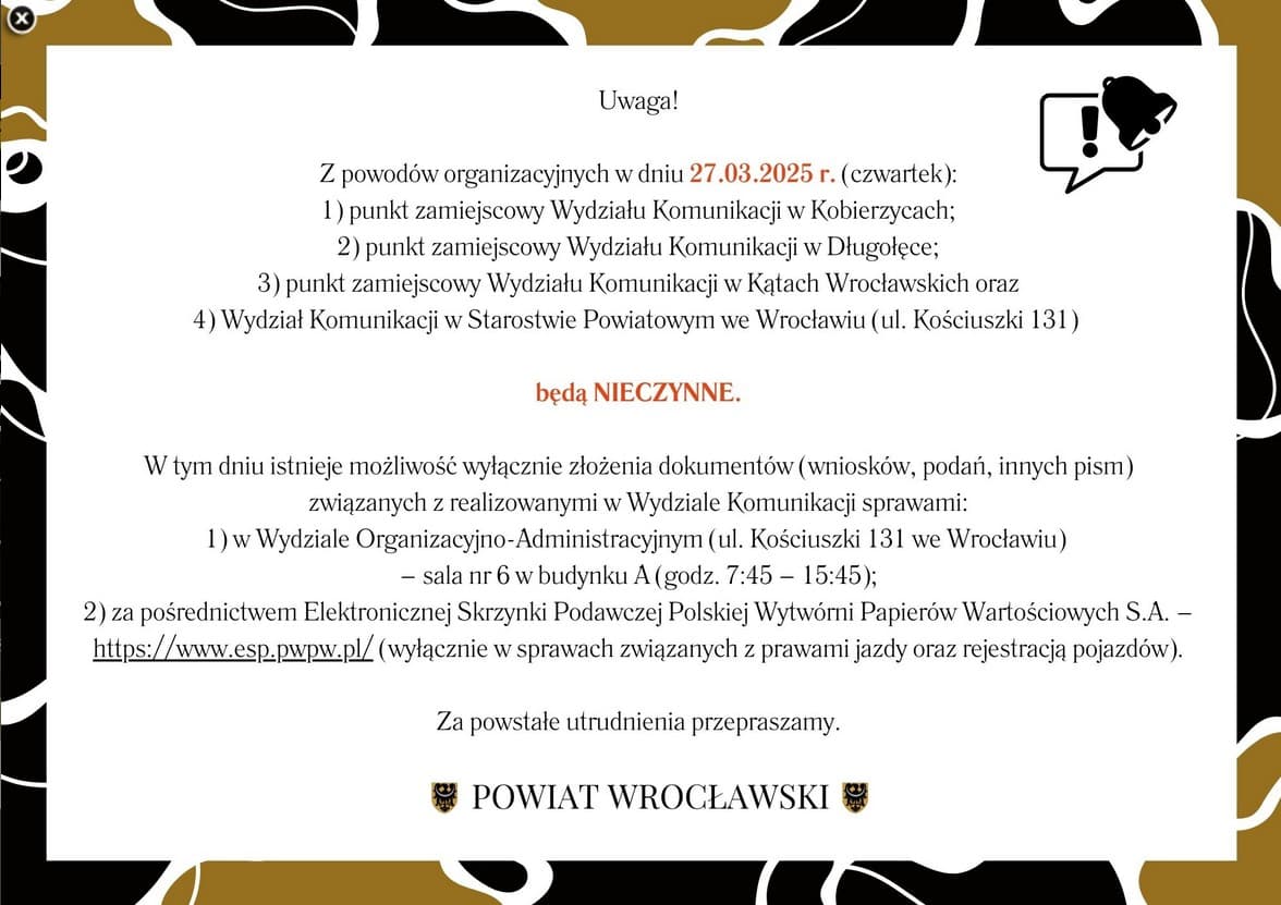 Punkt zamiejscowy Wydziału Komunikacji w Długołęce będzie 27.03.2025 r. nieczynny!