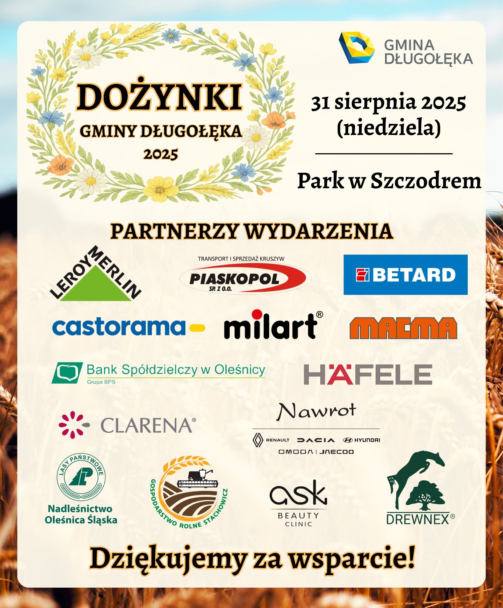 Podziękowania dla partnerów Dożynek Gminy Długołęka